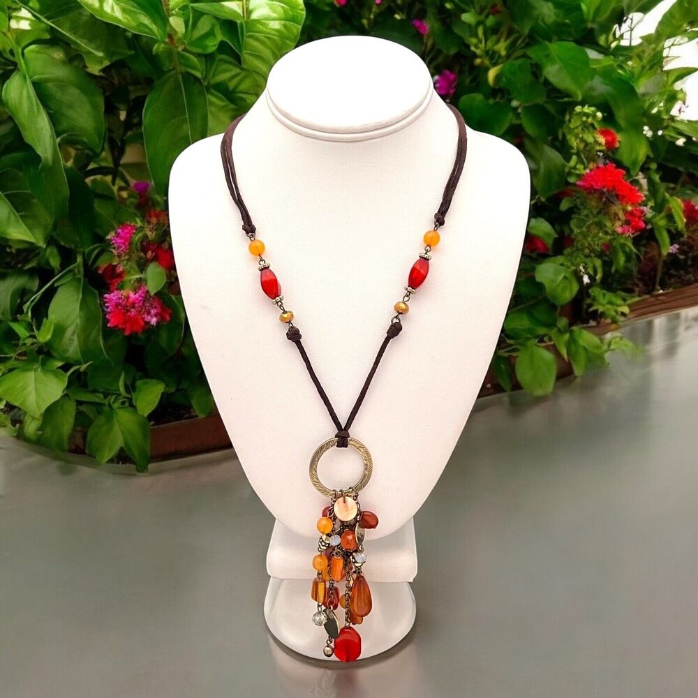 New Pendant Necklace Orange Yellow Beads Brass Tone Suede Cord - 11H